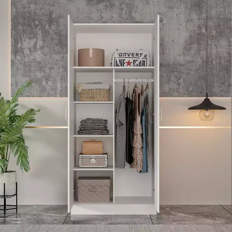 Armadio a due ante bianco e minimalista con sezione appendiabiti e contenitori organizzati