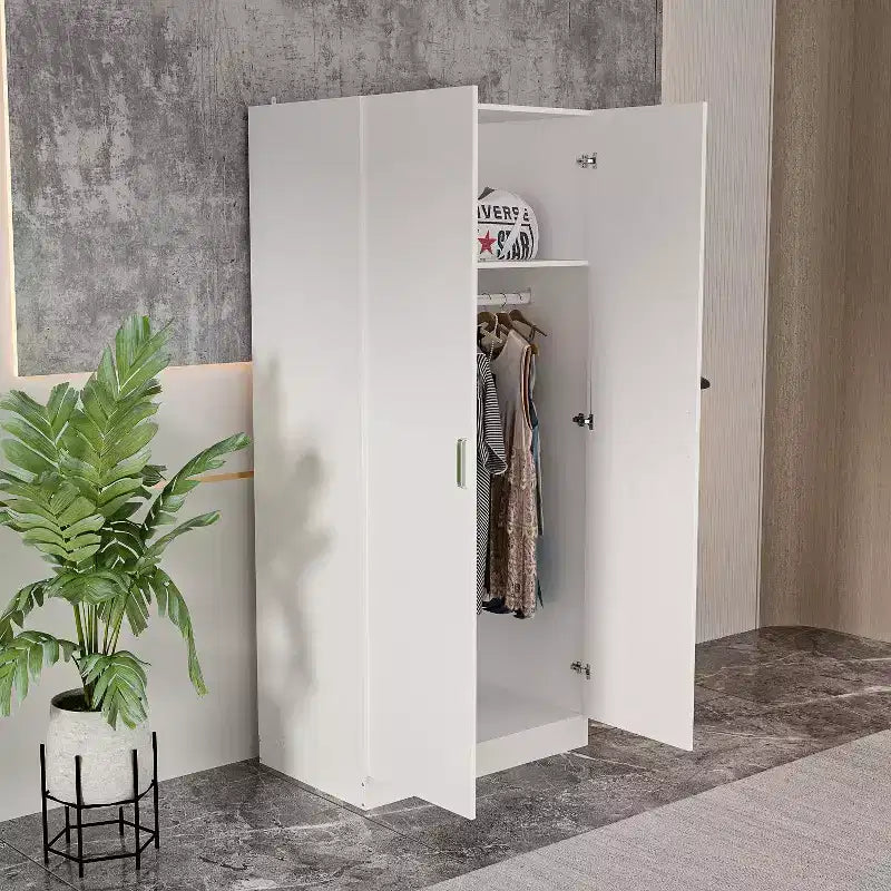 Armadio a due ante bianco e minimalista con sezione appendiabiti e contenitori organizzati