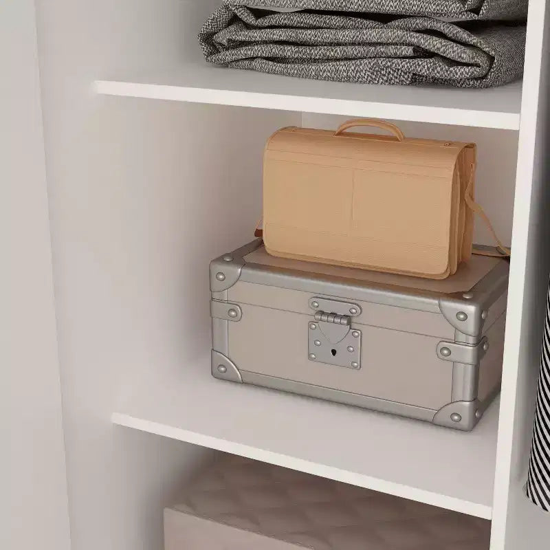 Armadio a due ante bianco e minimalista con sezione appendiabiti e contenitori organizzati