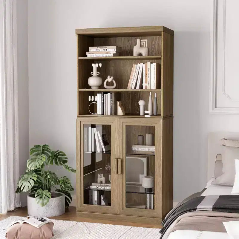Mobiletto d'accento in legno con anta in vetro e ripiano regolabile – Finitura naturale, 91,4 cm L x 78,7 cm H x 40,6 cm P