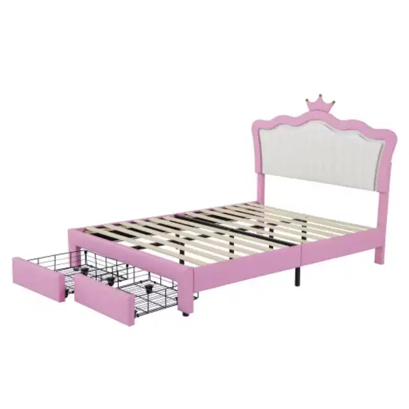 Struttura letto imbottita monodimensionale con luci LED, letto moderno da principessa con testiera a corona e cassetto.