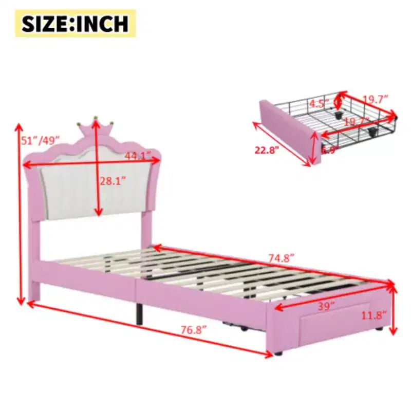 Struttura letto imbottita monodimensionale con luci LED, letto moderno da principessa con testiera a corona e cassetto.