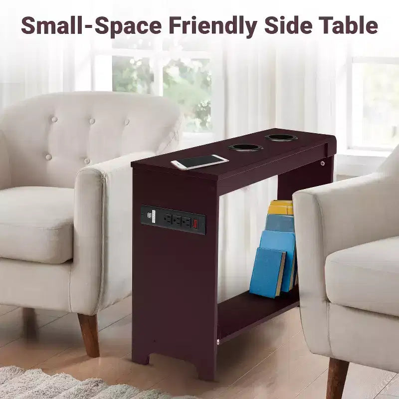 Tavolino stretto da divano con porte USB e prese di corrente – Tavolino laterale a 2 livelli in legno per camera da letto e soggiorno