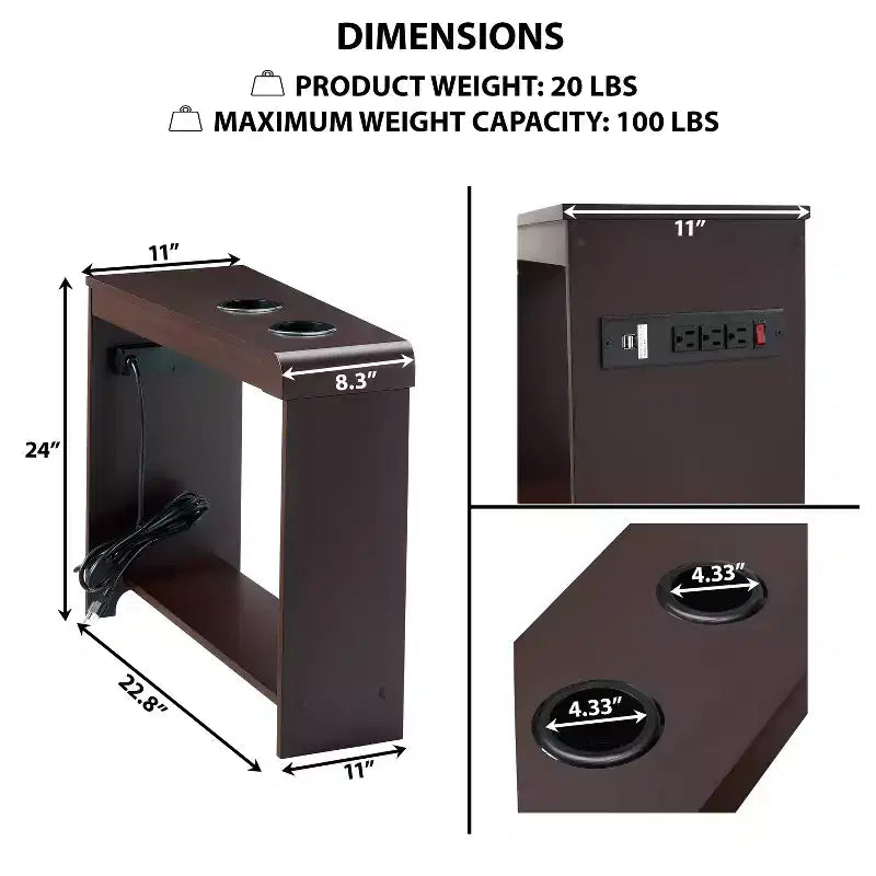 Tavolino stretto da divano con porte USB e prese di corrente – Tavolino laterale a 2 livelli in legno per camera da letto e soggiorno