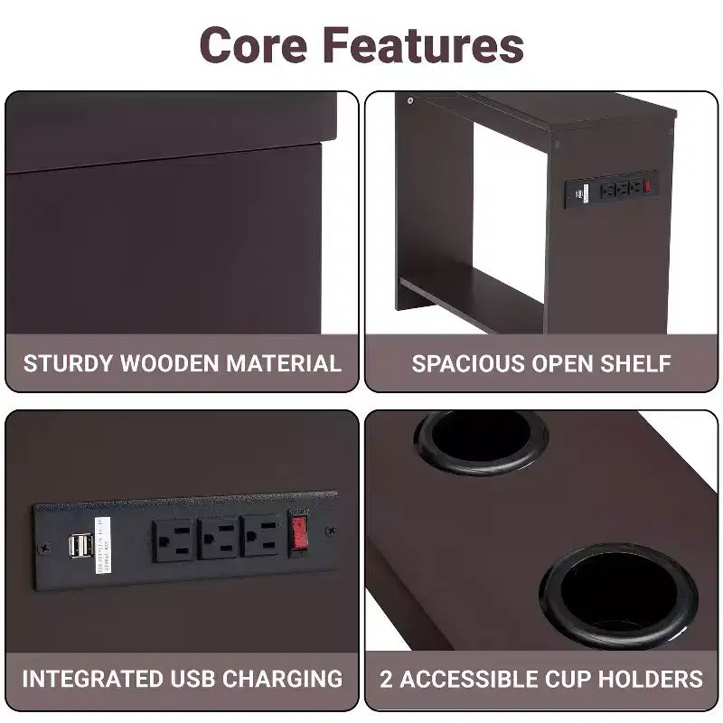 Tavolino stretto da divano con porte USB e prese di corrente – Tavolino laterale a 2 livelli in legno per camera da letto e soggiorno
