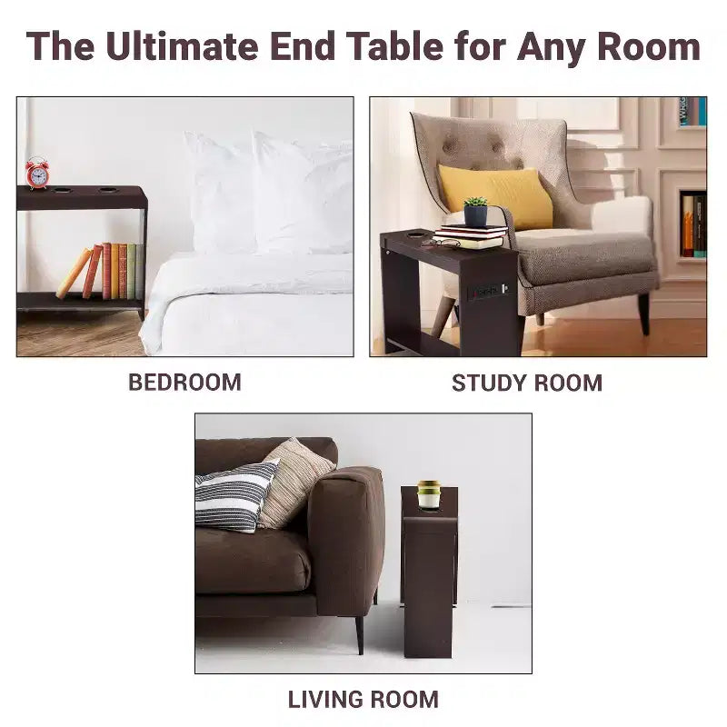 Tavolino stretto da divano con porte USB e prese di corrente – Tavolino laterale a 2 livelli in legno per camera da letto e soggiorno