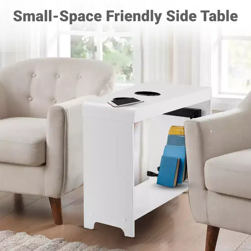 Tavolino stretto da divano con porte USB e prese di corrente – Tavolino laterale a 2 livelli in legno per camera da letto e soggiorno
