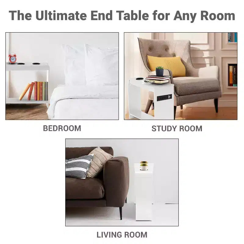 Tavolino stretto da divano con porte USB e prese di corrente – Tavolino laterale a 2 livelli in legno per camera da letto e soggiorno