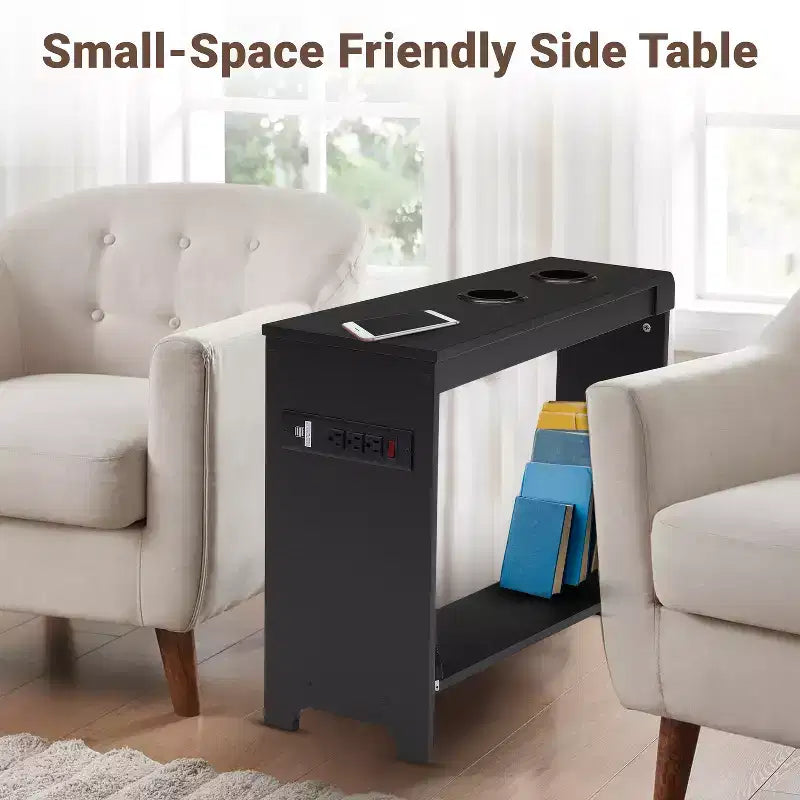 Tavolino stretto da divano con porte USB e prese di corrente – Tavolino laterale a 2 livelli in legno per camera da letto e soggiorno