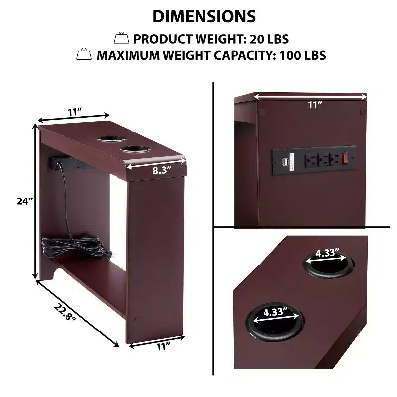 Tavolino stretto da divano con porte USB e prese di corrente – Tavolino laterale a 2 livelli in legno per camera da letto e soggiorno