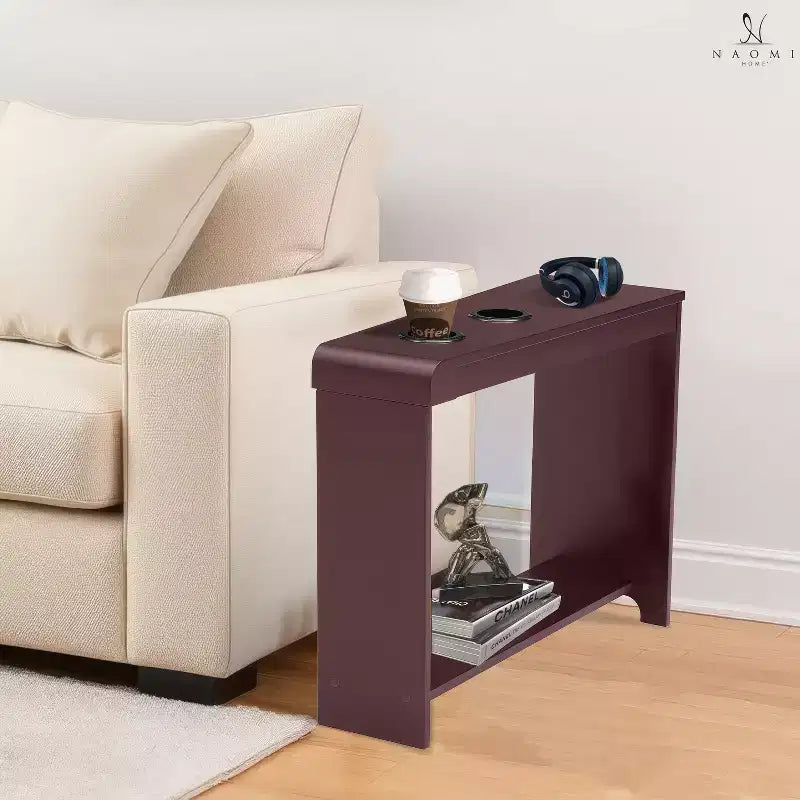 Tavolino stretto da divano con porte USB e prese di corrente – Tavolino laterale a 2 livelli in legno per camera da letto e soggiorno
