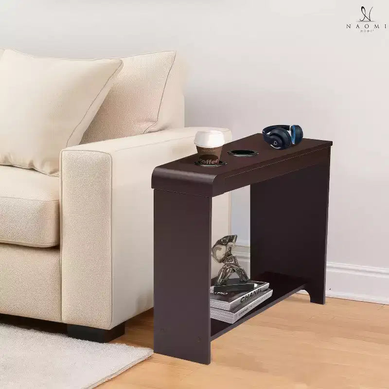 Tavolino stretto da divano con porte USB e prese di corrente – Tavolino laterale a 2 livelli in legno per camera da letto e soggiorno