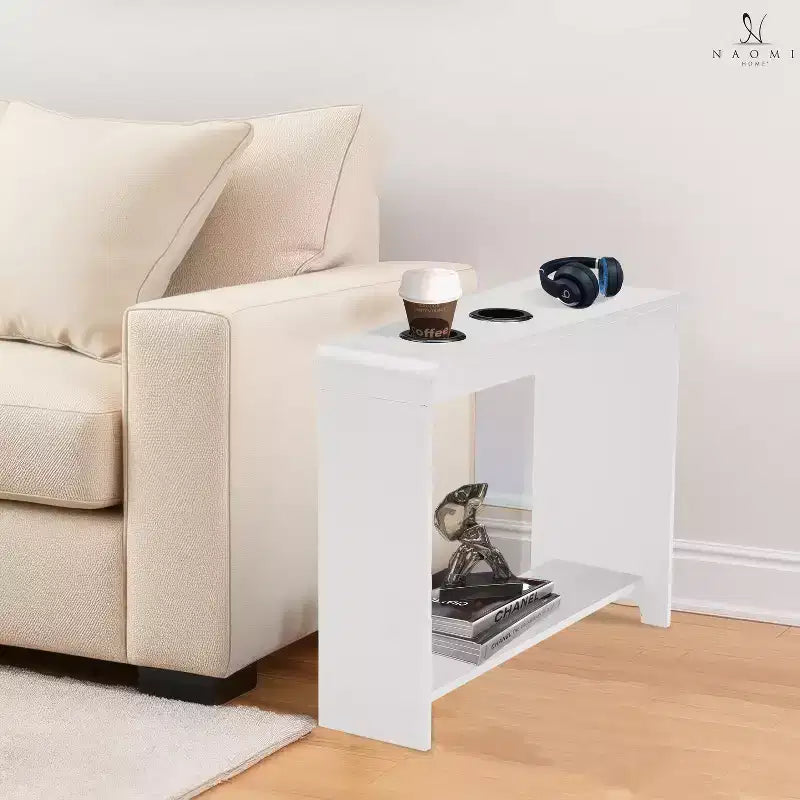 Tavolino stretto da divano con porte USB e prese di corrente – Tavolino laterale a 2 livelli in legno per camera da letto e soggiorno