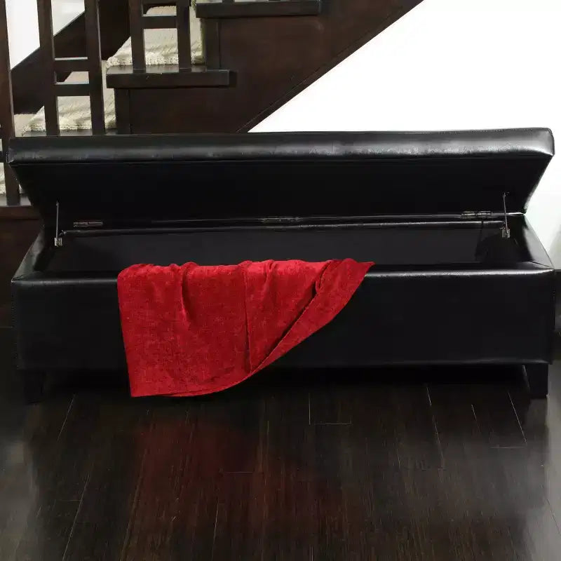 Pouf contenitore contemporaneo in similpelle con gambe in legno di betulla – 127 cm L, coperchio con chiusura ammortizzata