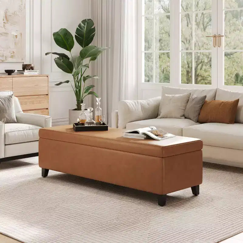 Pouf contenitore contemporaneo in similpelle con gambe in legno di betulla – 127 cm L, coperchio con chiusura ammortizzata