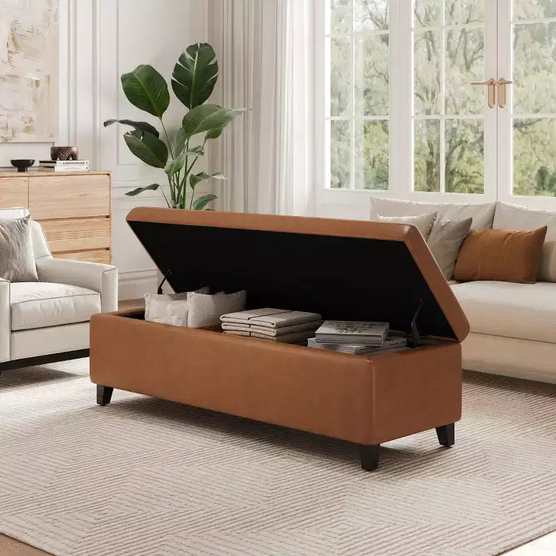 Pouf contenitore contemporaneo in similpelle con gambe in legno di betulla – 127 cm L, coperchio con chiusura ammortizzata