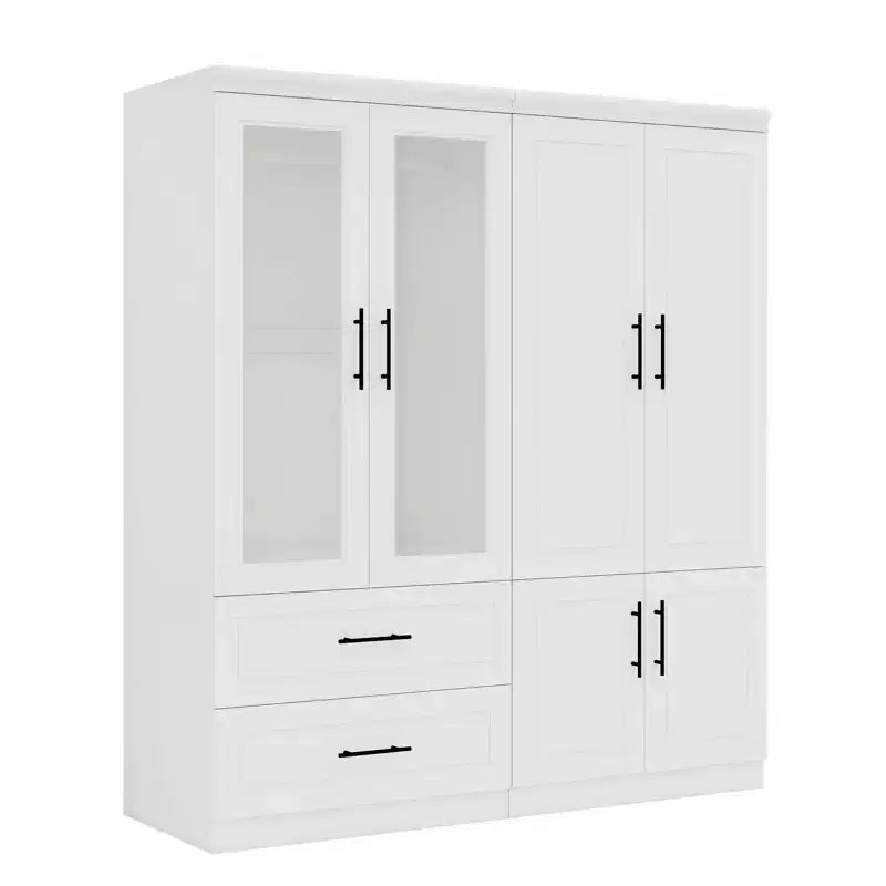 Armadio bianco in legno da 160 cm con 2 cassetti, 6 ante e vetro temperato – Mobile contenitore in MDF