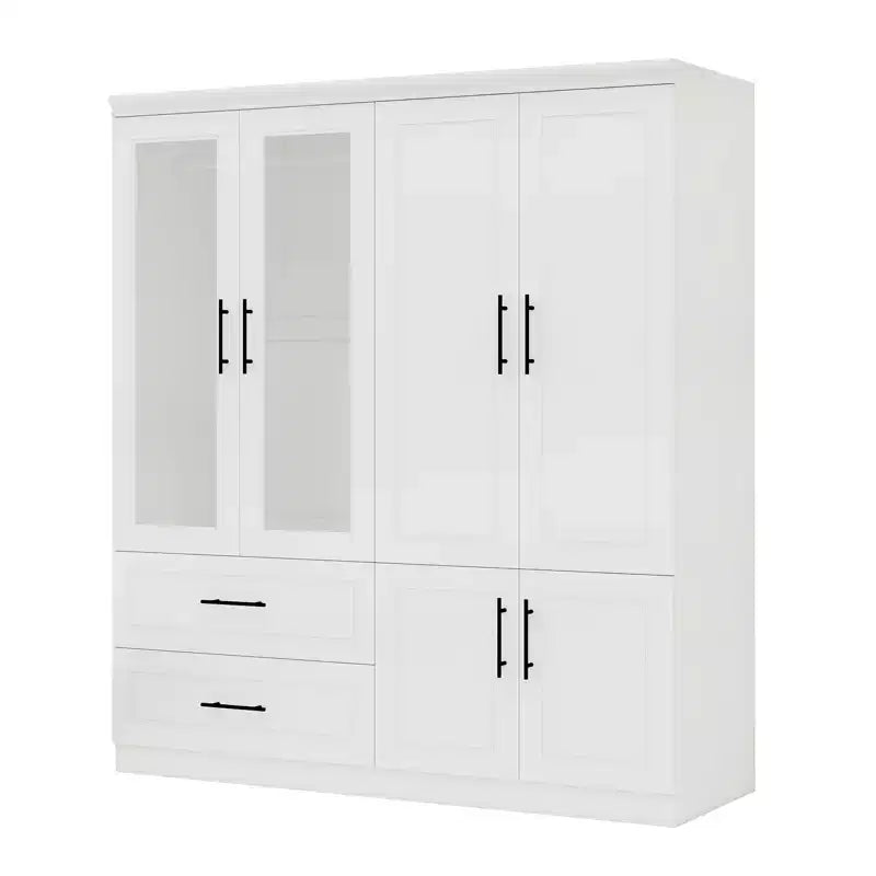Armadio bianco in legno da 160 cm con 2 cassetti, 6 ante e vetro temperato – Mobile contenitore in MDF