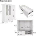 Armadio bianco in legno da 160 cm con 2 cassetti, 6 ante e vetro temperato – Mobile contenitore in MDF