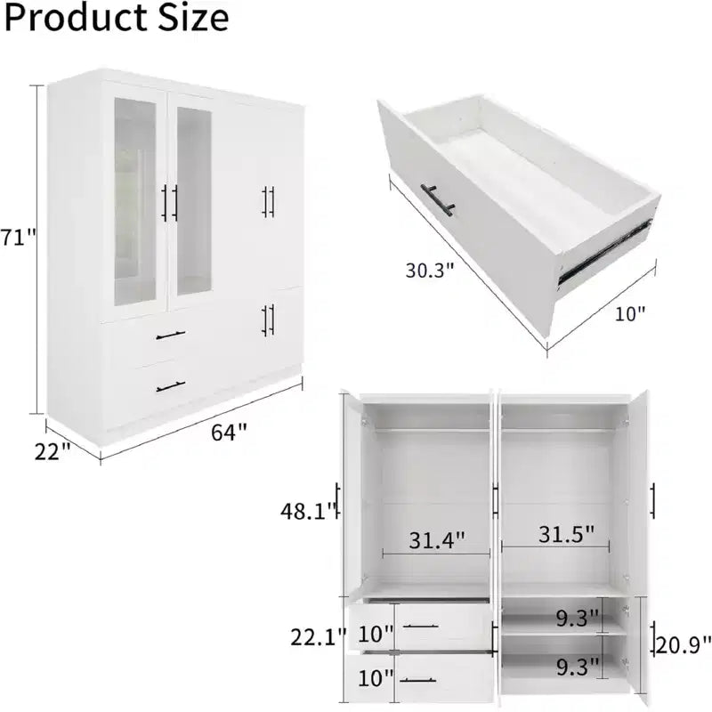 Armadio bianco in legno da 160 cm con 2 cassetti, 6 ante e vetro temperato – Mobile contenitore in MDF