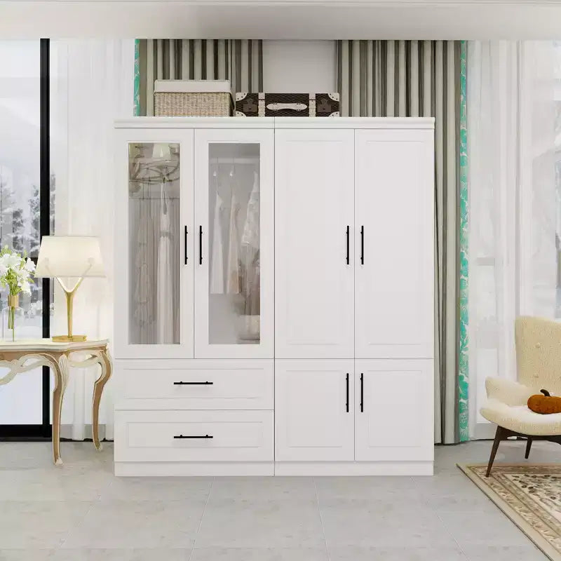 Armadio bianco in legno da 160 cm con 2 cassetti, 6 ante e vetro temperato – Mobile contenitore in MDF