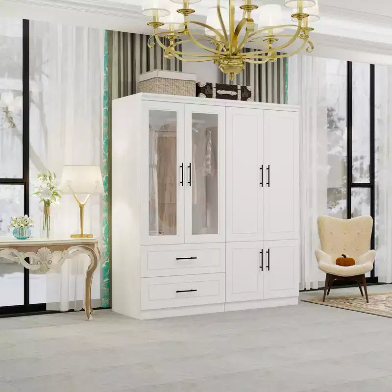 Armadio bianco in legno da 160 cm con 2 cassetti, 6 ante e vetro temperato – Mobile contenitore in MDF