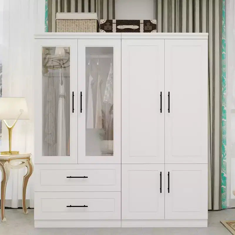 Armadio bianco in legno da 160 cm con 2 cassetti, 6 ante e vetro temperato – Mobile contenitore in MDF