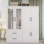 Armadio bianco in legno da 160 cm con 2 cassetti, 6 ante e vetro temperato – Mobile contenitore in MDF