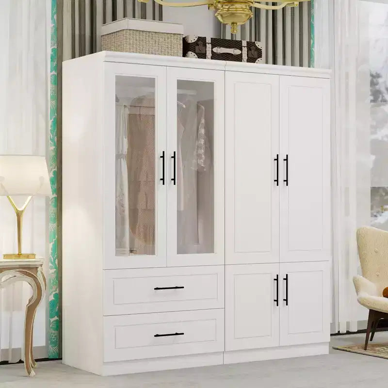 Armadio bianco in legno da 160 cm con 2 cassetti, 6 ante e vetro temperato – Mobile contenitore in MDF