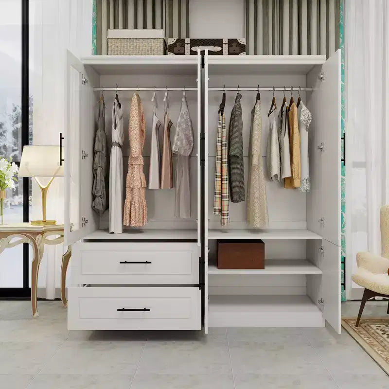Armadio bianco in legno da 160 cm con 2 cassetti, 6 ante e vetro temperato – Mobile contenitore in MDF