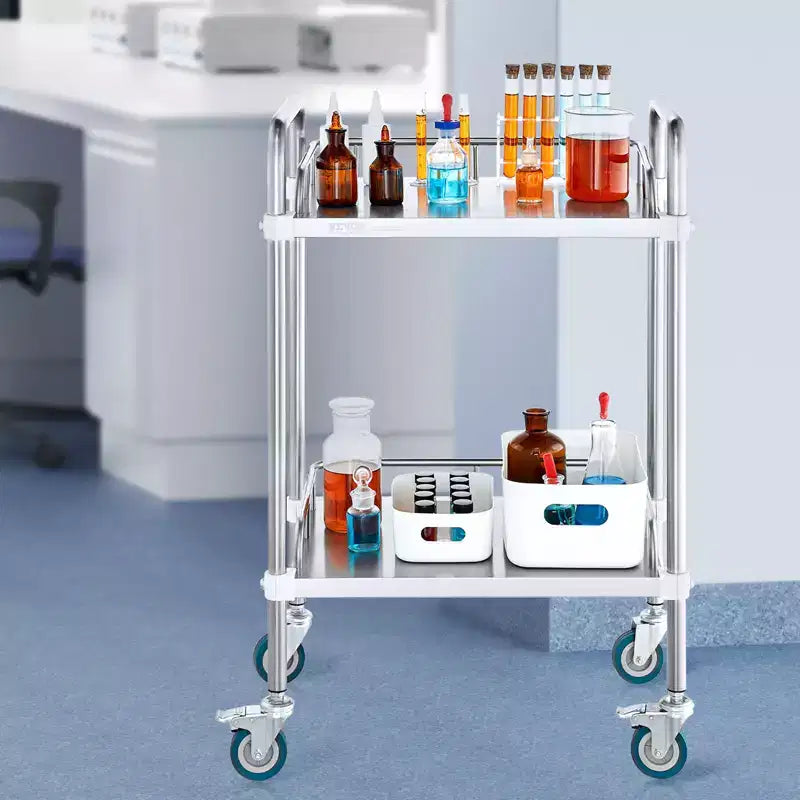 Carrello da laboratorio a 2 ripiani in acciaio inossidabile con ruote girevoli – Carrello multiuso per dentisti, 15"x21"x34"