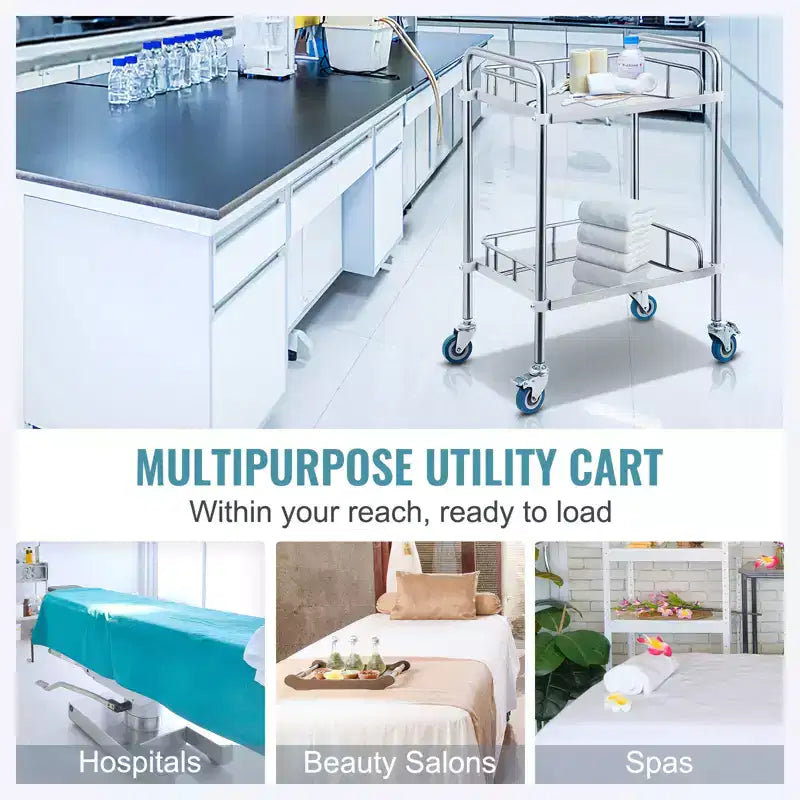 Carrello da laboratorio a 2 ripiani in acciaio inossidabile con ruote girevoli – Carrello multiuso per dentisti, 15"x21"x34"