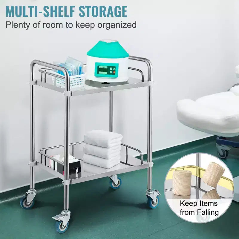 Carrello da laboratorio a 2 ripiani in acciaio inossidabile con ruote girevoli – Carrello multiuso per dentisti, 15"x21"x34"