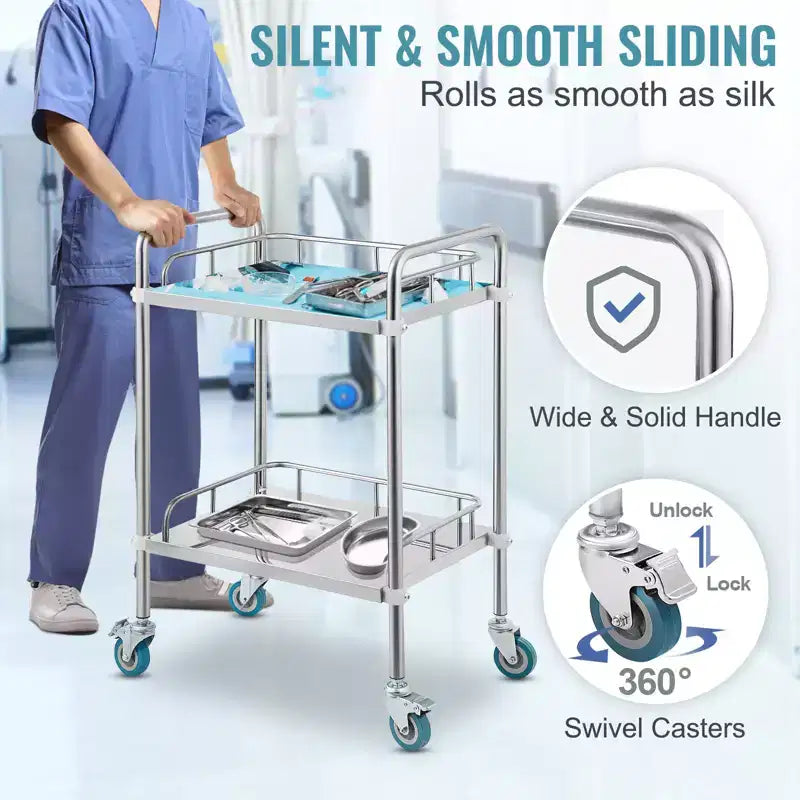Carrello da laboratorio a 2 ripiani in acciaio inossidabile con ruote girevoli – Carrello multiuso per dentisti, 15"x21"x34"