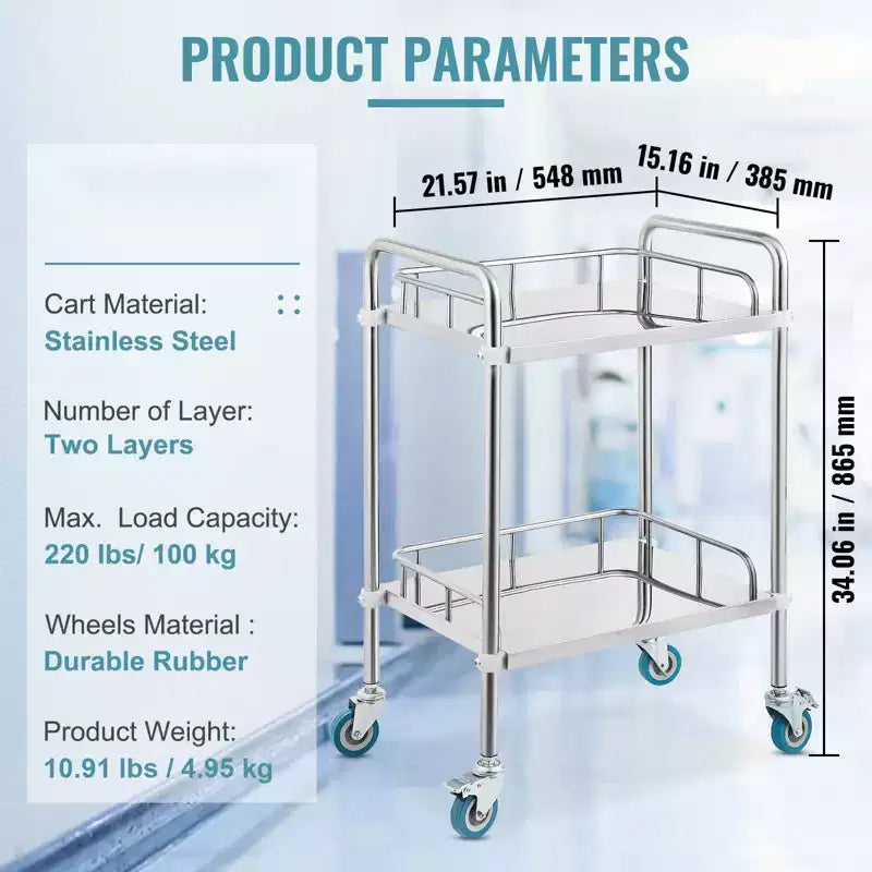 Carrello da laboratorio a 2 ripiani in acciaio inossidabile con ruote girevoli – Carrello multiuso per dentisti, 15"x21"x34"