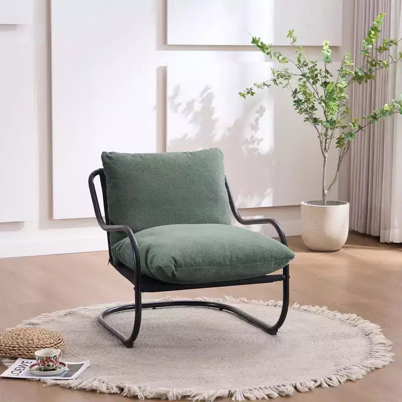 Sedia accent moderna ricurva con rivestimento in finto lino, struttura in metallo e cuscini – Poltrona da salotto