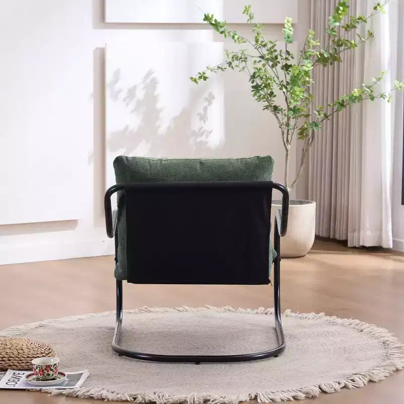 Sedia accent moderna ricurva con rivestimento in finto lino, struttura in metallo e cuscini – Poltrona da salotto