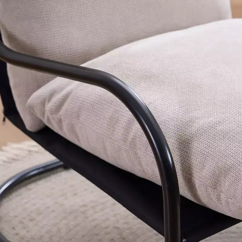 Sedia accent moderna ricurva con rivestimento in finto lino, struttura in metallo e cuscini – Poltrona da salotto