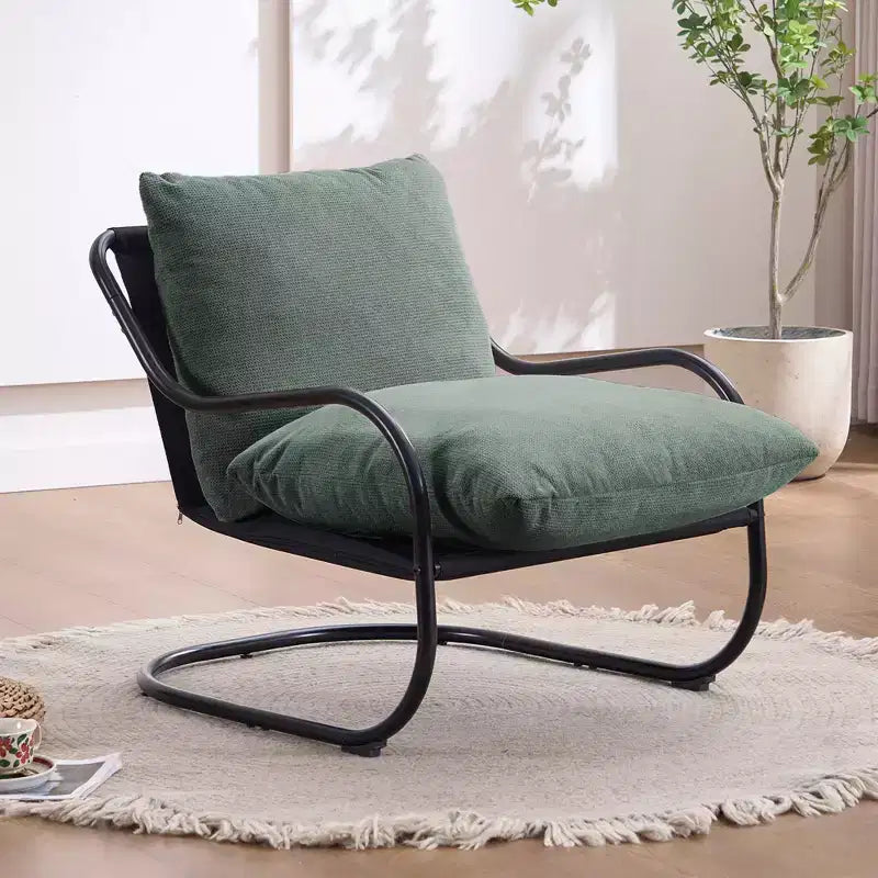 Sedia accent moderna ricurva con rivestimento in finto lino, struttura in metallo e cuscini – Poltrona da salotto