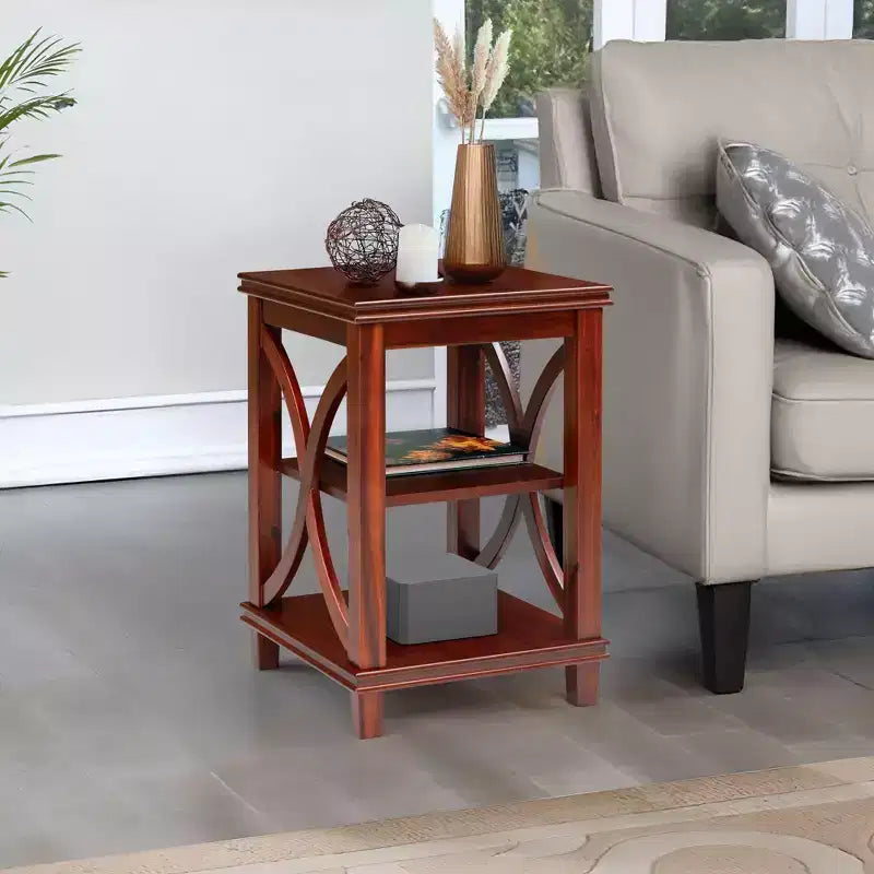 Tavolino quadrato in legno massiccio con struttura a X e ripiani portaoggetti a 2 livelli – Finitura ciliegio, 40 cm L