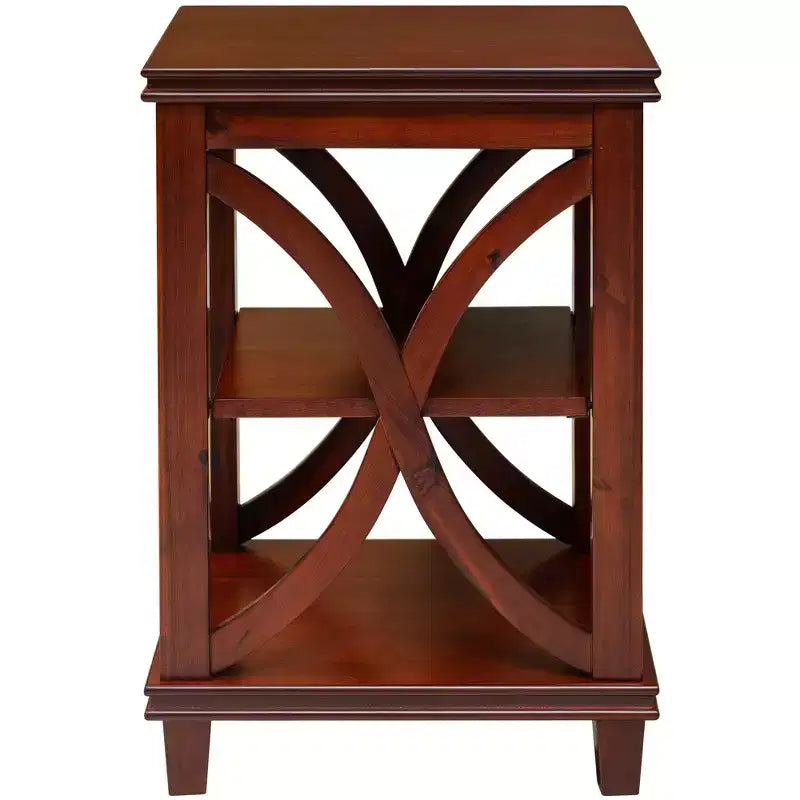Tavolino quadrato in legno massiccio con struttura a X e ripiani portaoggetti a 2 livelli – Finitura ciliegio, 40 cm L