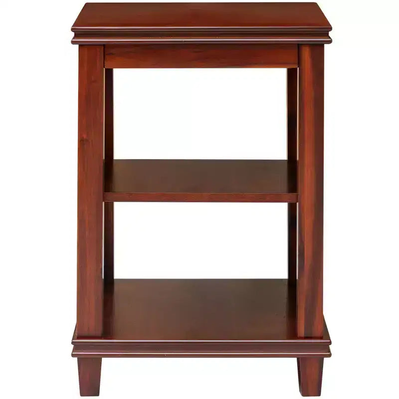Tavolino quadrato in legno massiccio con struttura a X e ripiani portaoggetti a 2 livelli – Finitura ciliegio, 40 cm L
