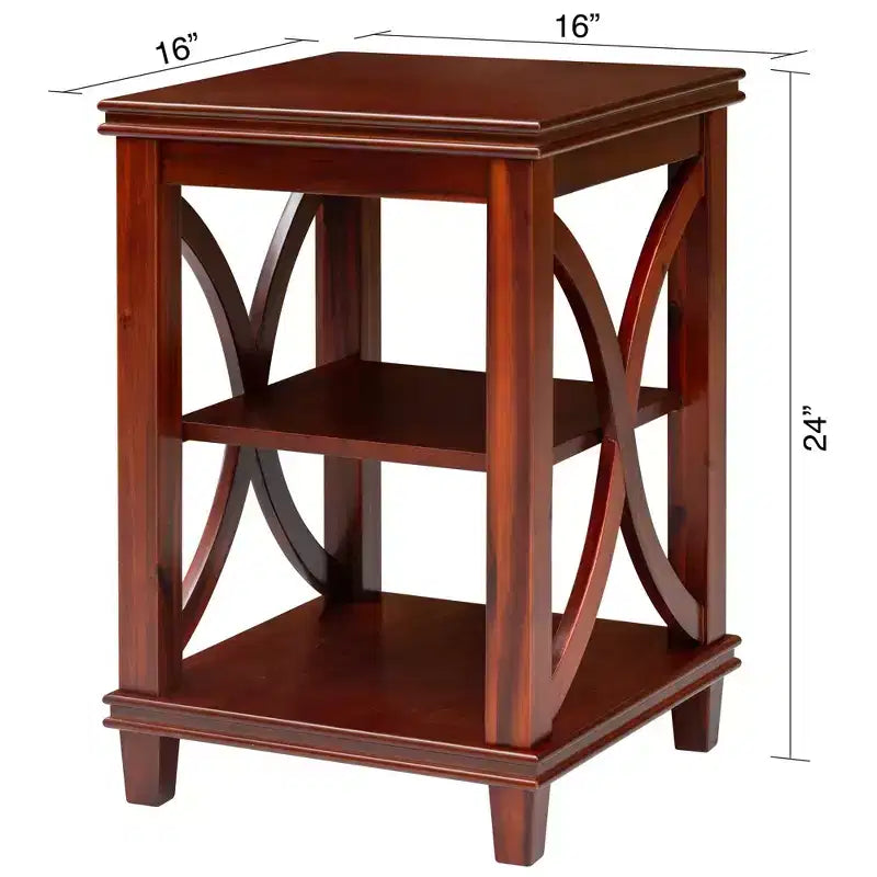 Tavolino quadrato in legno massiccio con struttura a X e ripiani portaoggetti a 2 livelli – Finitura ciliegio, 40 cm L