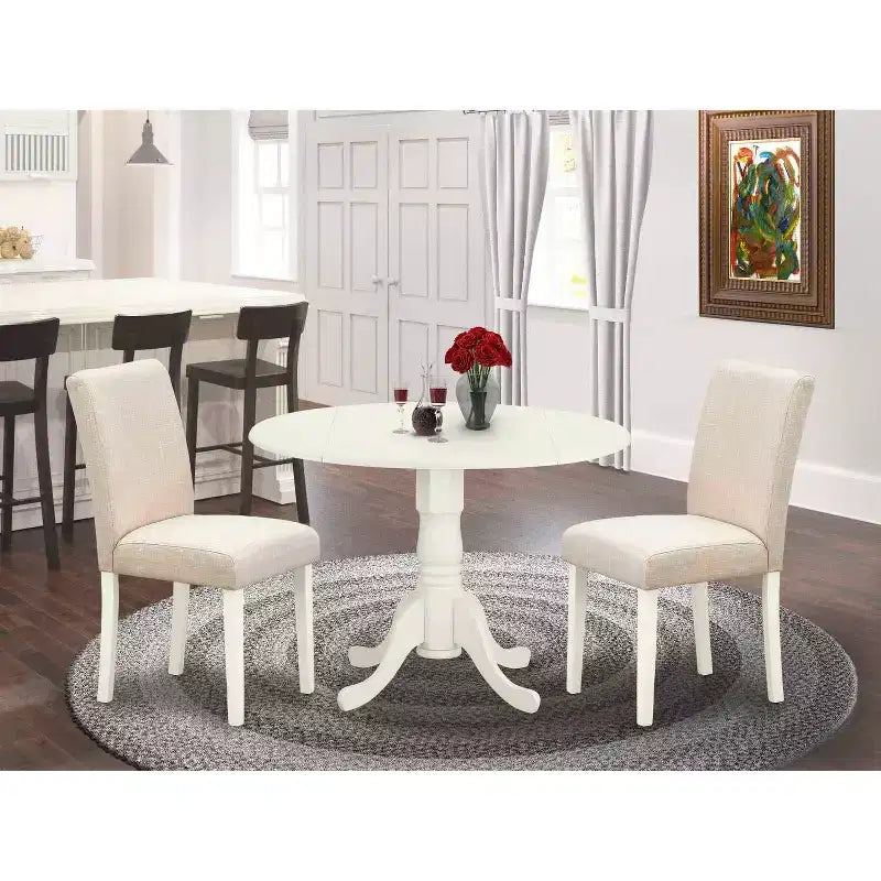 Set Tavolo da Pranzo Rotondo 3 pz Tavolo 107 cm con Ante a Scomparsa e 2 Sedie Parsons - Tessuto Lino Beige