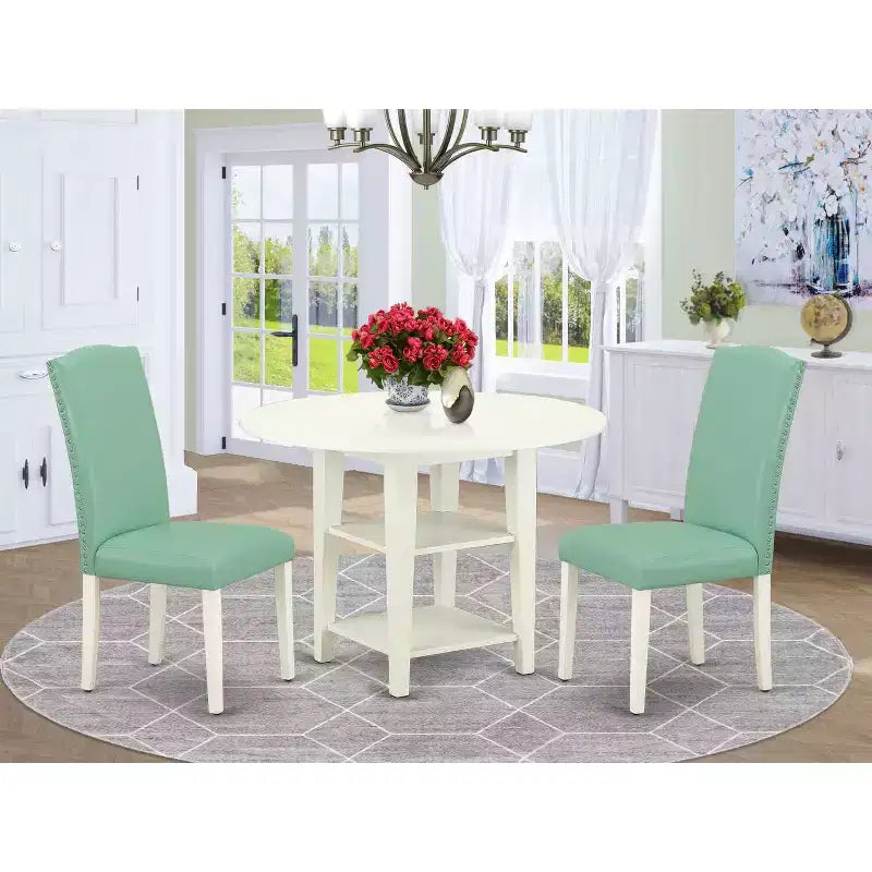Set da pranzo vintage 3 pezzi tavolo e 2 sedie - Tavolo 20x42 con ribalte - Gambe bianche lino - Sedile in pelle PU