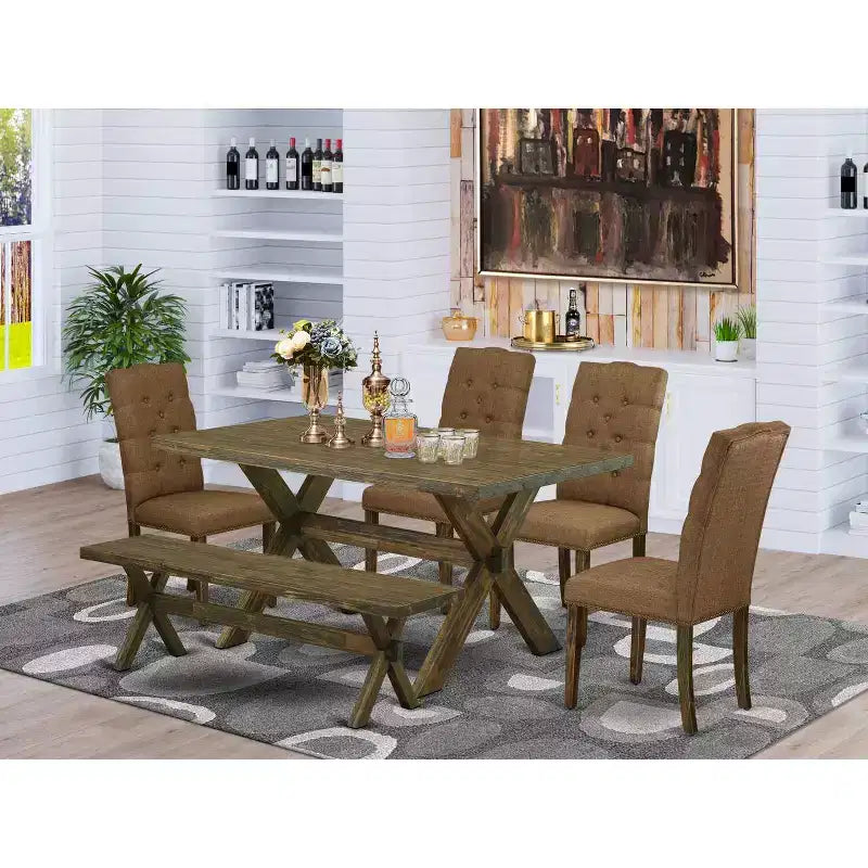 Tavolo da pranzo rettangolare a 6 pezzi in legno massello con finitura anticata Jacobean con 1 panca e 4 sedie