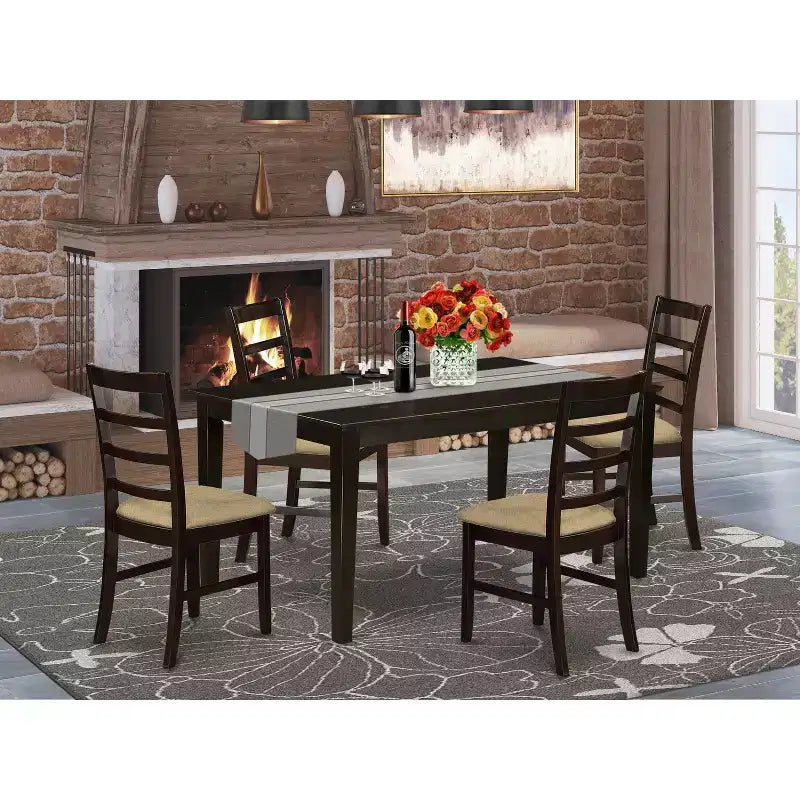Tavolo da pranzo rettangolare in legno massello finitura cappuccino con 4 sedie - 5 pezzi