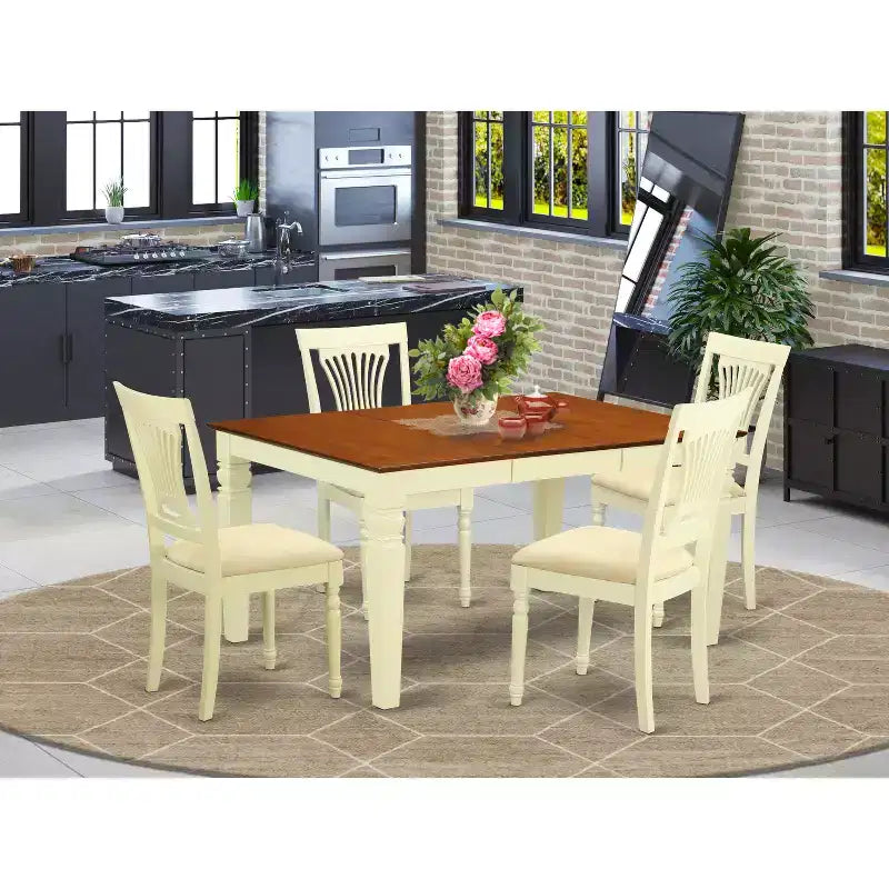 Set da pranzo da 5 pezzi in legno massello con finitura Buttermilk e Cherry con 4 sedie