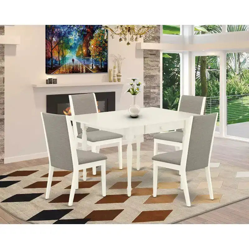 Set da pranzo 5 pezzi in legno massello finitura lino bianco – con prolunga – 4 posti a sedere