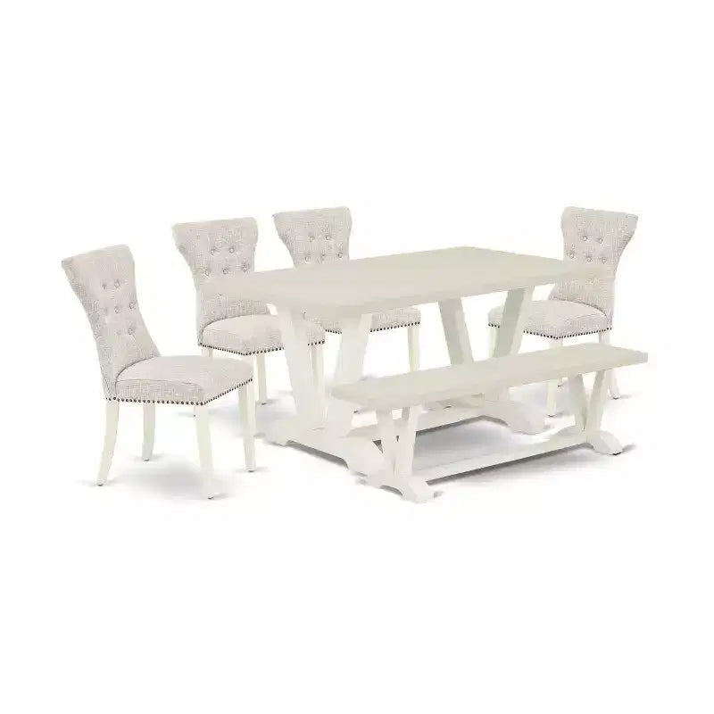 HomeStock 6-Pc Rectangle Natural Oak Finish Solid Wood Top Dining Table with 1-Bench, 4-Chairs